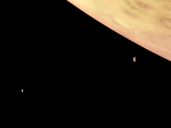 <div class="inline-image__caption"><p>Io and Europa, Jupiter's 2  largest moons, captured by NASA's Juno spacecraft. </p></div> <div class="inline-image__credit">NASA/JPL-Caltech/SwRI/MSSS/Roman Tkachenko</div>