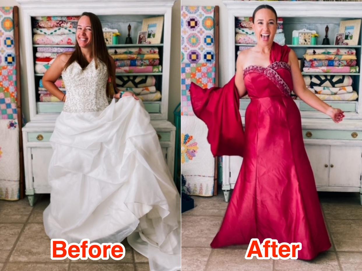 Caitlin Trantham spent about 12 hours transforming the $20 wedding dress she bought at the thrift store.