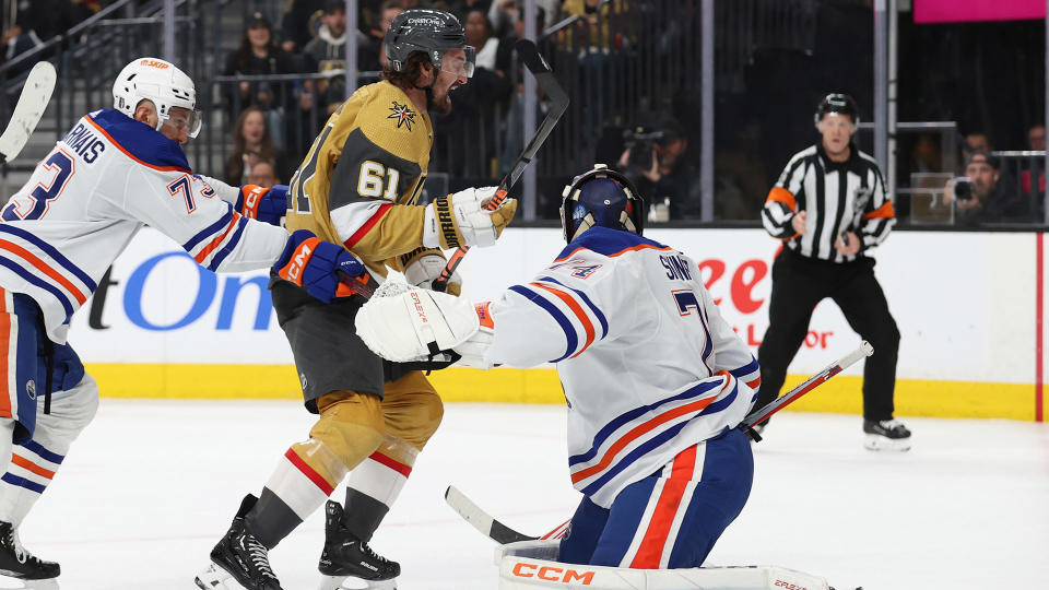 The Oilers were extremely physical with Mark Stone on Wednesday night. (Photo by Zak Krill/NHLI via Getty Images)