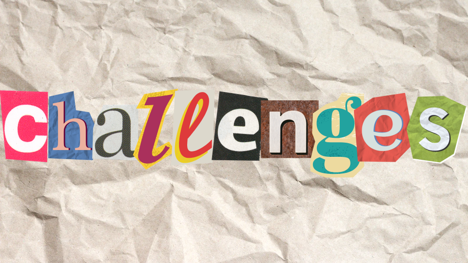 The image features the word "challenges" in a playful font collage on a crumpled paper background