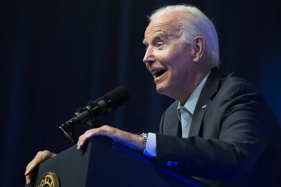 President Joe Biden speaks during a political rally at the Philadelphia Convention Center in Philadelphia, Saturday, June 17, 2023. Biden struck an economic populist message during the first rally of his reelection campaign. The president told an exuberant crowd of union members in Philadelphia that his policies had created jobs and lifted the middle class. (AP Photo/Manuel Balce Ceneta)