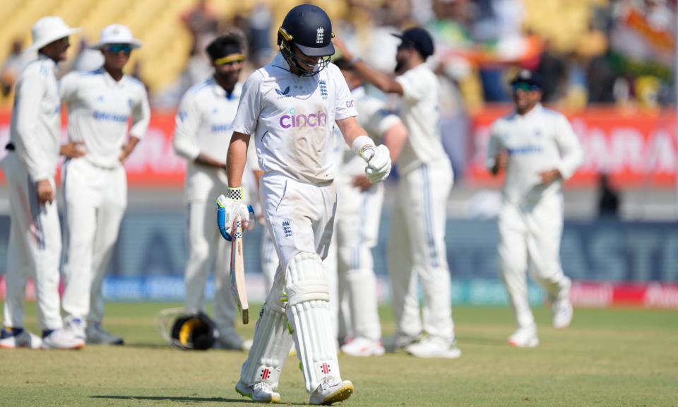 <span>Ollie Pope leaves the field after losing his wicket on the fourth day of the third Test against India.</span><span>Photograph: Ajit Solanki/AP</span>