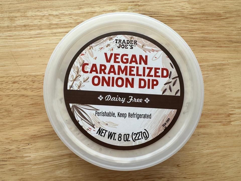 Trader Joe's vegan caramelized onion dip on a table