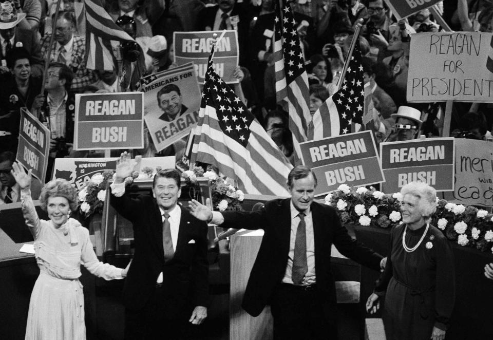 Republican candidate Ronald Reagan and running mate George Bush, with wives Nancy and Barbara, at the 1980 Republican National Convention. (Photo: AP)