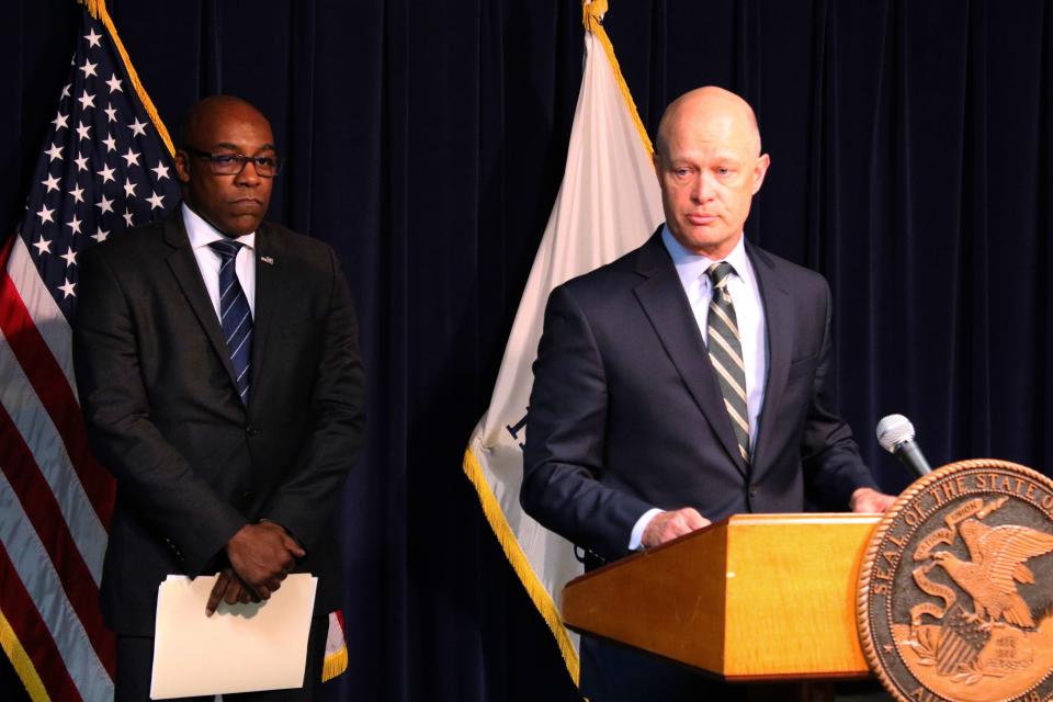 Special prosecutor Joseph McMahon, right, and Attorney General Kwame Raoul speak during a news conference on Feb. 11, 2019, in Chicago.
