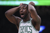Boston Celtics guard Kemba Walker (8) reacts to a call during the first half of an NBA basketball game against the Memphis Grizzlies in Boston, Wednesday, Jan. 22, 2020. (AP Photo/Charles Krupa)