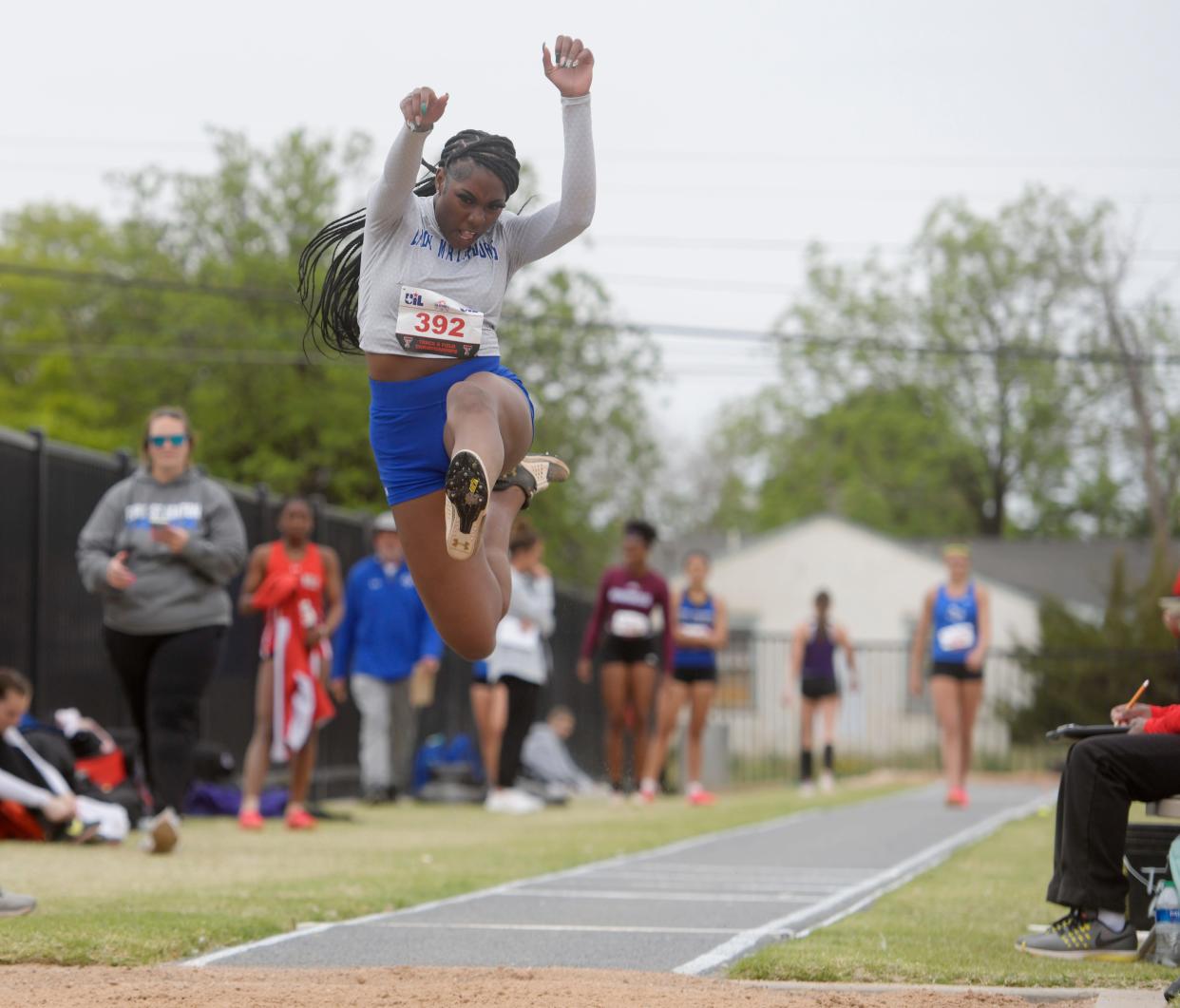 Estacado's Jada Green competes in long jump during the Region I-4A track and field meets, Friday, April 19, 2024, at Lowrey Field.