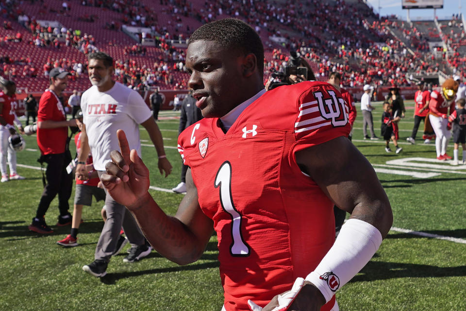 Utah cornerback Clark Phillips III (1) runs off the field following their NCAA college football game against Oregon State, Saturday, Oct. 1, 2022, in Salt Lake City. (AP Photo/Rick Bowmer)