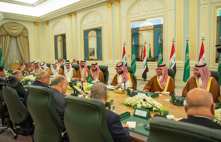 Saudi Arabia's Crown Prince Mohammed bin Salman meets with Iraq's Prime Minister Adel Abdul Mahdi in Riyadh, Saudi Arabia April 17, 2019. Picture taken April 17, 2019. Bandar Algaloud/Courtesy of Saudi Royal Court/Handout via REUTERS