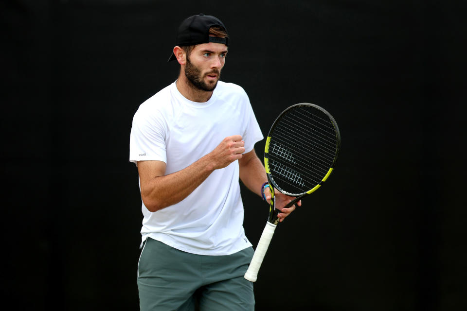 NOTTINGHAM, ENGLAND - JUNE 15: Jacob Fearnley of Great Britain celebrates against Shang Juncheng of China during the Men's Singles Quarter Final match on Day Six of the Rothesay Open Nottingham at Lexus Nottingham Tennis Centre on June 15, 2024 in Nottingham, England.  (Photo by Nathan Stirk/Getty Images for LTA)