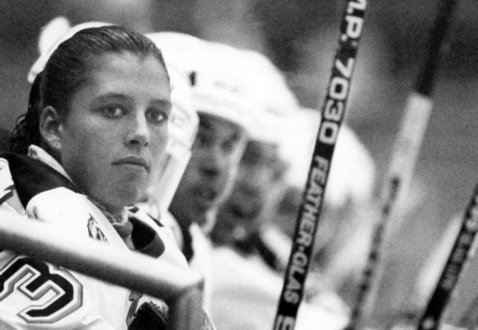 TAMPA, FL - SEPTEMBER 23: Goalie Manon Rheaume #33 of the Tampa Bay Lightning sits on the bench during an NHL preseason game against the St. Louis Blues on September 23, 1992 at the Expo Hall in Tampa, Florida. (Photo by B Bennett/Getty Images)