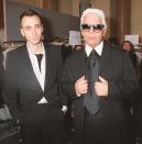 <p>Here, Karl Lagerfeld is photographed alongside Hedi Slimane at the Christian Dior Catwalk AW 01/02 show in Paris. The designer reportedly lost six stone, as he wanted to wear one of Slimane’s iconic suits. <em>[Photo: Getty]</em> </p>