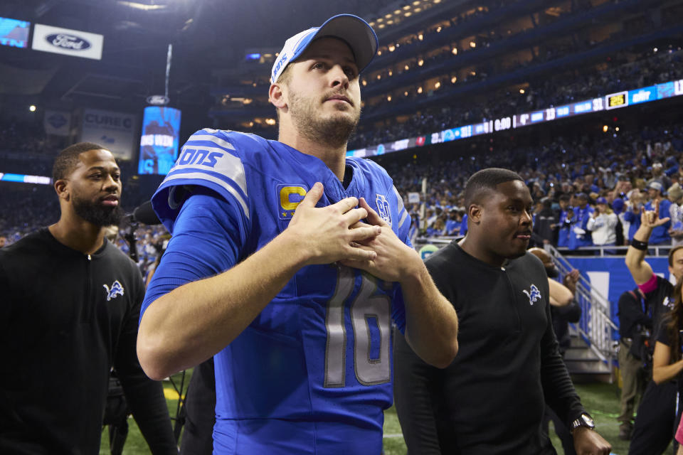 FILE - Detroit Lions quarterback Jared Goff (16) celebrates after defeating the Tampa Bay Buccaneers in an NFL divisional round playoff football game, Sunday, Jan. 21, 2024, in Detroit. Goff will start for the Lions against the San Francisco 49ers in the NFC championship game Sunday, Jan. 28. (AP Photo/Rick Osentoski, File)