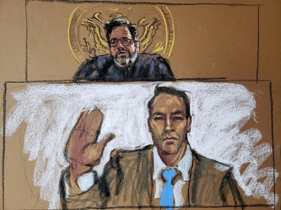 PHOTO: Olympic swimmer Klete Keller appears in this courtroom sketch during a virtual hearing in a District of Columbia court, Jan. 22, 2021, on charges related to the January 6th storming of the U.S. Capitol in Washington, D.C. (Jane Rosenberg/Reuters, FILE)