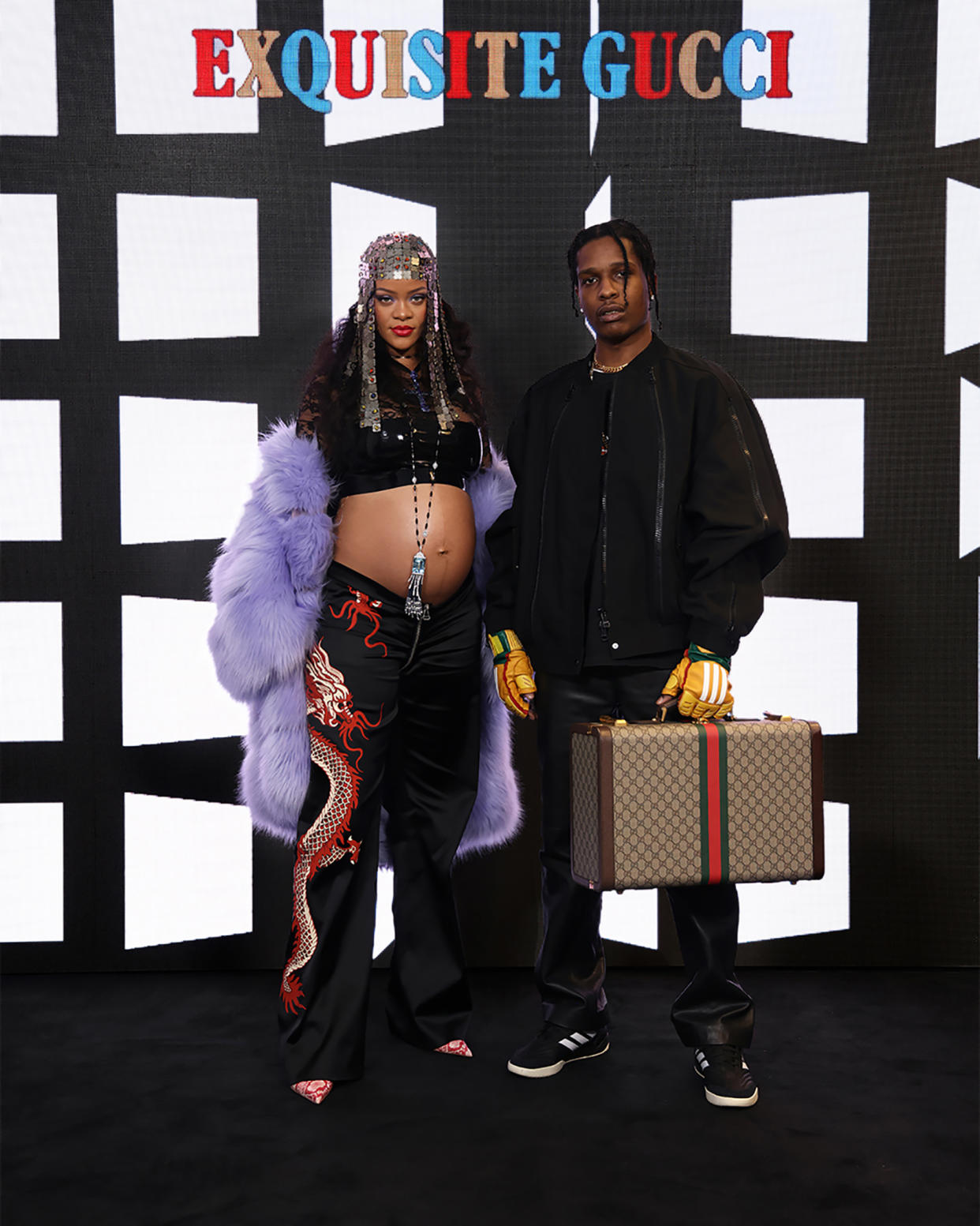 MILAN, ITALY - FEBRUARY 25: (EDITOR NOTE: This image has been retouched) Rihanna and Asap Rocky arrives at the Gucci show during Milan Fashion Week Fall/Winter 2022/23 on February 25, 2022 in Milan, Italy. (Photo by Vittorio Zunino Celotto/Getty Images for Gucci)