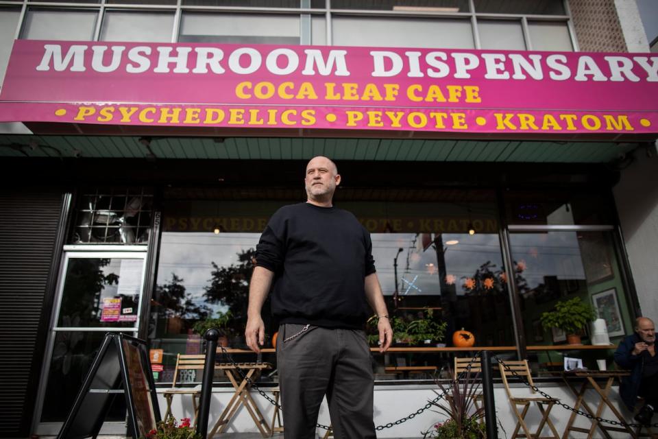 Dana Larsen is pictured outside of his mushroom dispensary store on East Hastings in Vancouver, British Columbia on Thursday, Nov. 2, 2023. 