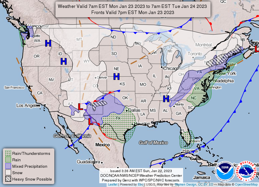 A storm system will organize over the Southwest with some mountain snow, before becoming a winter storm in the southern Plains on Tuesday Jan. 24, 2023, the National Weather Service is reporting.