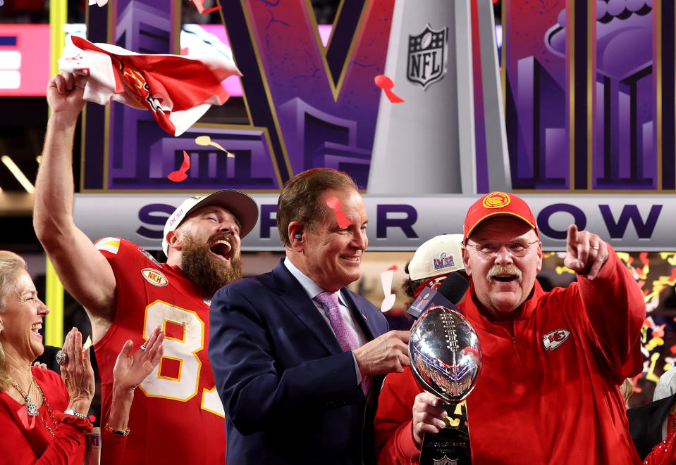 The Chiefs celebrating their Super Bowl win