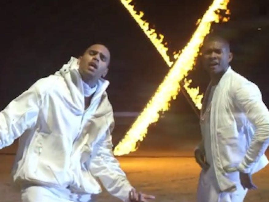 Chris Brown and Usher in the video for "New Flame."