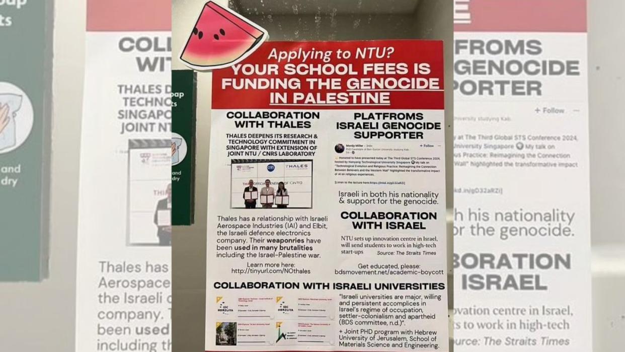 Police investigate posters found in Nanyang Technological University (NTU) alleging support for Israel in Gaza conflict