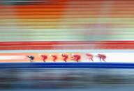 The Norwegian speed skating team practice during a training session