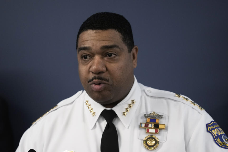 Interim Police Commissioner John Stanford, Jr. speaks during a news conference in Philadelphia, Tuesday, Dec. 19, 2023. Authorities say a man accused of slashing people with a large knife while riding a bicycle on a rail trail in Philadelphia is now a person of interest in the cold-case murder of a medical student that occurred among a series of high-profile sexual assaults two decades ago. (AP Photo/Matt Rourke)