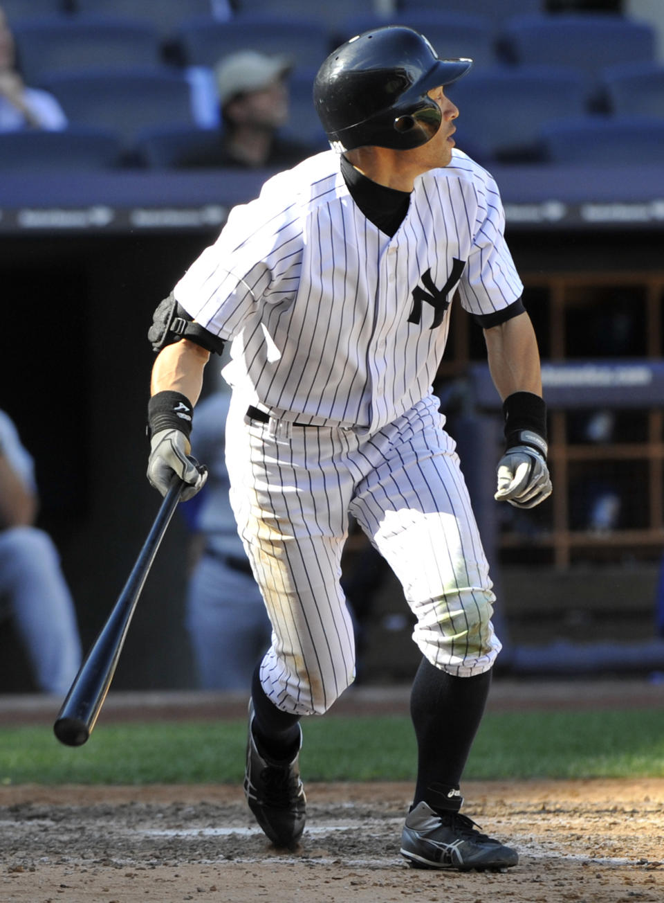 New York Yankees' Ichiro Suzuki, of Japan, watches his double during the eighth inning of the first baseball game of a doubleheader against the Toronto Blue Jays Wednesday, Sept. 19, 2012, at Yankee Stadium in New York. The Yankees defeated the Blue Jays 4-2. (AP Photo/Bill Kostroun)