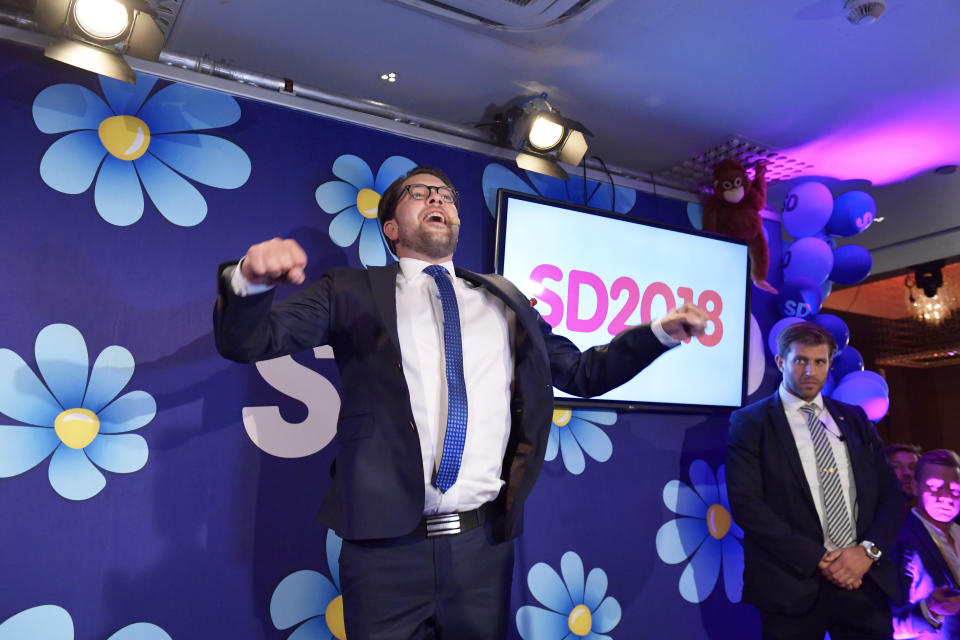 Sweden Democrats party leader Jimmie Åkesson speaks at the election party in Stockholm, Sweden, Sunday, Sept. 9, 2018. Returns reported by the Scandinavian country's election commission showed the Sweden Democrats placing third in the parliamentary election held Sunday. Addressing supporters after more than four-fifths of ballots were counted, Akesson said the victory was in the number of seats the party gained in the national assembly, the Riksdagen.(Anders Wiklund /TT via AP)