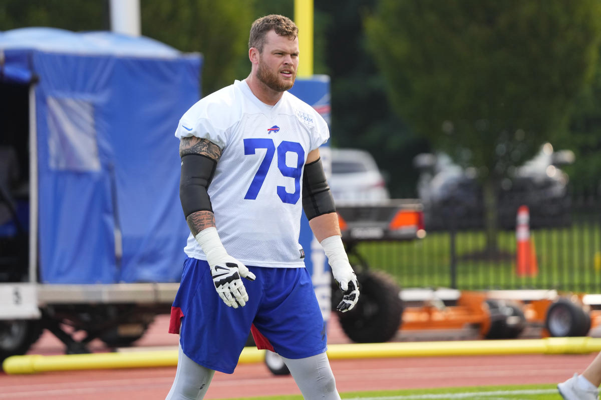 Buffalo Bills tackle Spencer Brown (79) walks off the field following a win  in an NFL