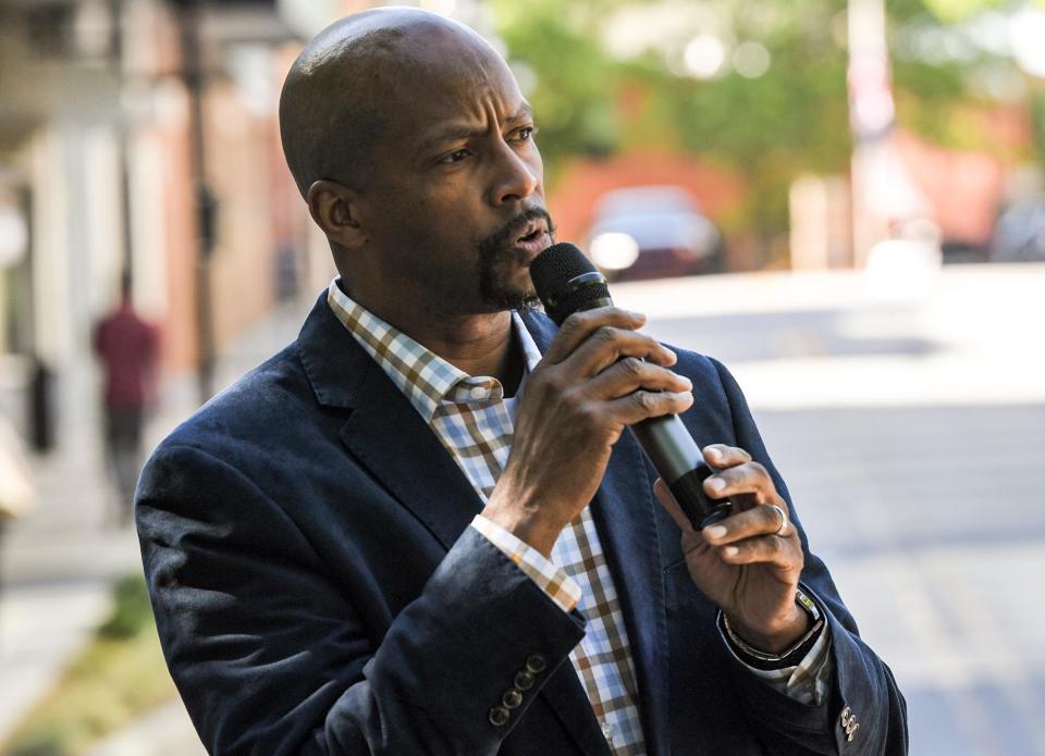 Pastor Curtis Johnson of Valley Brook Outreach Baptist Church in Pelzer speaks during a Black Lives Matter Rally started at Falls Park in Greenville, S.C. Wednesday, April 21, 2021.  The rally follows a guilty verdict from the murder trial of former Minneapolis police officer Derek Chauvin, in the death of George Floyd, a 46-year-old Black man in 2020. 