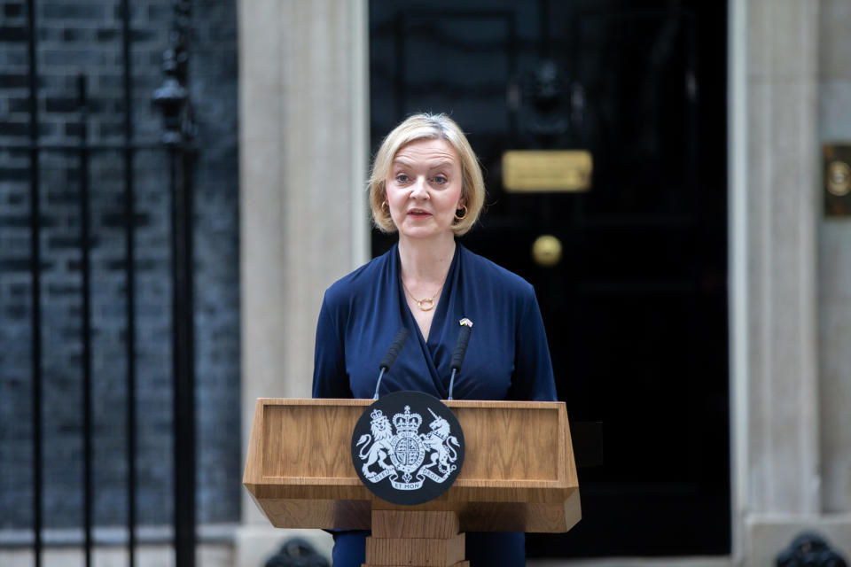 LONDON,UNITED KINGDOM - OCTOBER 20: UK Prime Minister Liz Truss is seen making resignation statement outside 10 Downing Street after 44 days in office in London, United Kingdom on October 20, 2022. (Photo by Stringer/Anadolu Agency via Getty Images)