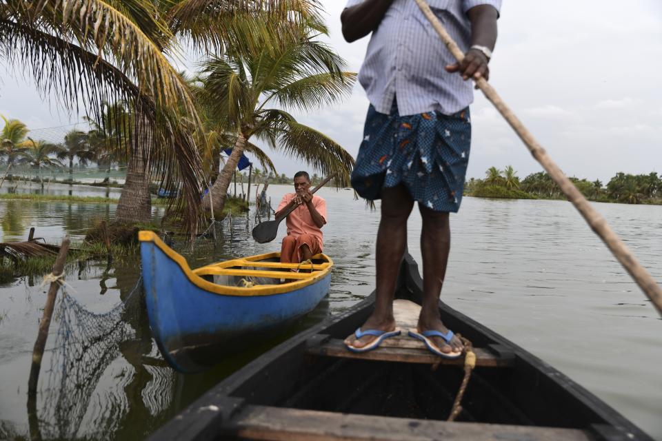 M.M. Chandu, 78, prepares to anchor his country boat as he arrives in the evening at his water surrounded farmland in Chellanam village, a suburb of Kochi, southern Kerala state, India, March 24, 2023. Chandu says he has been personally guarding his little over two acres of farmland every night for the past 22 years. (AP Photo/R S Iyer)