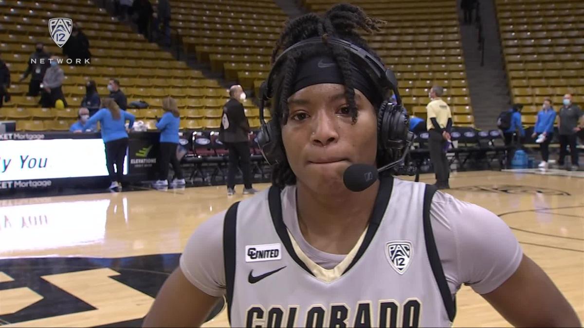 Colorado’s Jaylyn Sherrod talks with the Pac-12 Network crew after ...