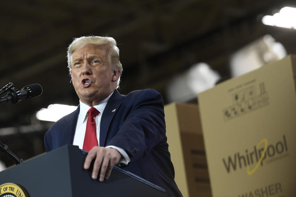 President Donald Trump speaks during an event at the Whirlpool Corporation facility in Clyde, Ohio, Thursday, Aug. 6, 2020. Trump is in Ohio to promote the economic prosperity that much of the nation enjoyed before the coronavirus pandemic and try to make the case that he is best suited to rebuild a crippled economy. (AP Photo/Susan Walsh)