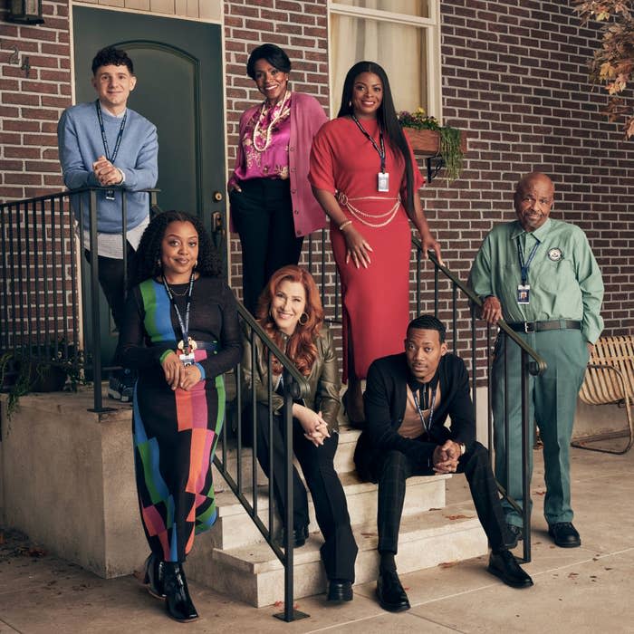 The cast of "Abbott Elementary" posing on steps, with Quinta Brunson, Janelle James, Sheryl Lee Ralph, Tyler James Williams, Lisa Ann Walter, Chris Perfetti, and William Stanford Davis