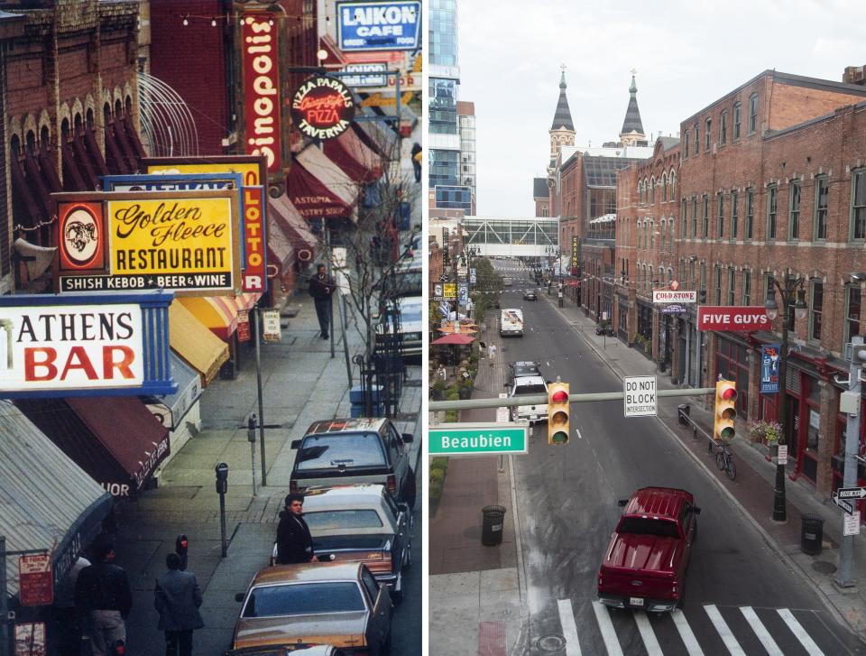 LEFT: View of Greektown from the Detroit People Mover in downtown Detroit in the 1980s. RIGHT: View from Wednesday, Oct. 4, 2023.