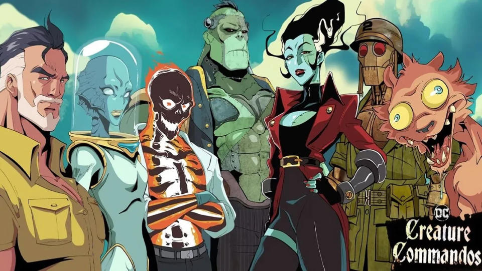 A promo image for Creature Commandos showing various team members, including Bride of Frankenstein, Ricky Flag Sr., and Weasel