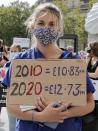 LONDON, UNITED KINGDOM- SEPTEMBER 12: NHS workers attend the 'March for Pay' Demonstration in London, United Kingdom on September 12, 2020. (Photo by Hasan Esen/Anadolu Agency via Getty Images)