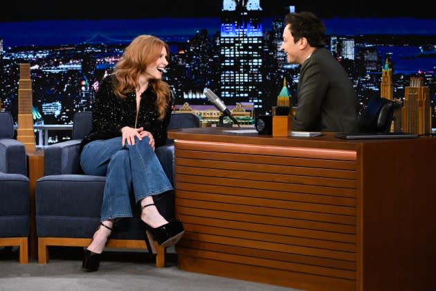 Bryce Dallas Howard during an interview with host Jimmy Fallon.  - Credit: Todd Owyoung/NBC via Getty Image