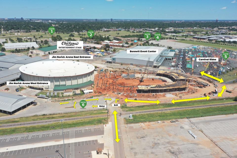 As this graphic shows, Oklahoma State Fair visitors who park, enter and exit at Gate 6 off Reno Avenue will have to maneuver around construction on the new coliseum at the OKC Fairgrounds.