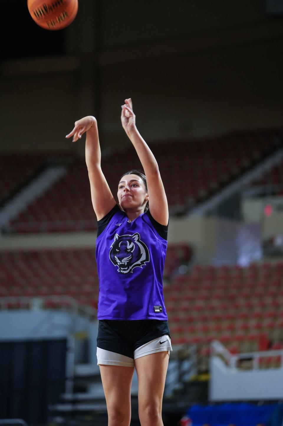 Millennium point guard Mia Amundsen (13) takes a shot during a media day practice at the Arizona Veterans Memorial Coliseum on Friday, March 3, 2023, in Phoenix. 