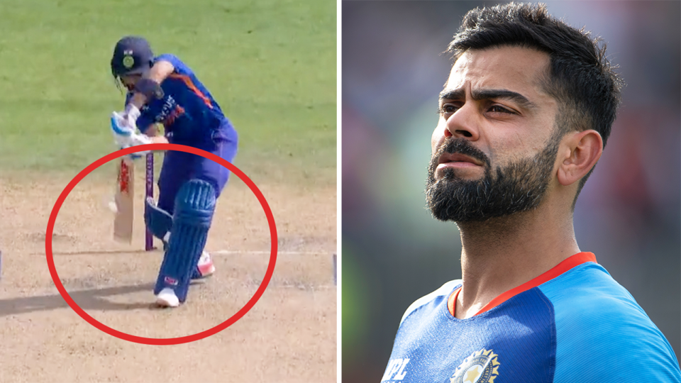 Virat Kohli (pictured left) being dismissed in the ODI and (pictured right) reacting during the press conference.