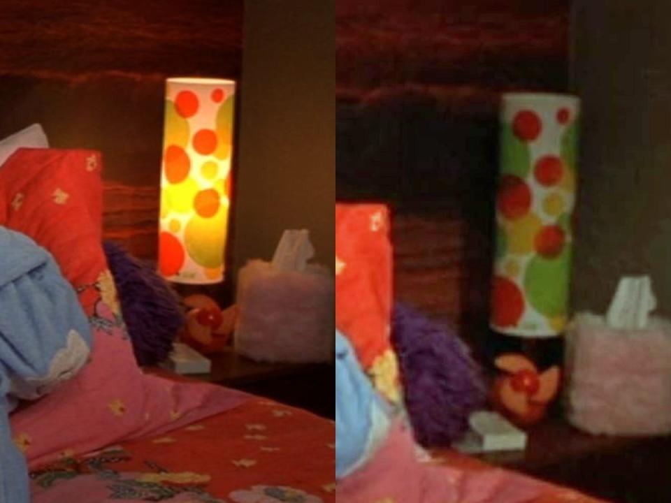 side by side photos of elle's lamp turning on and off in the same scene of legally blonde