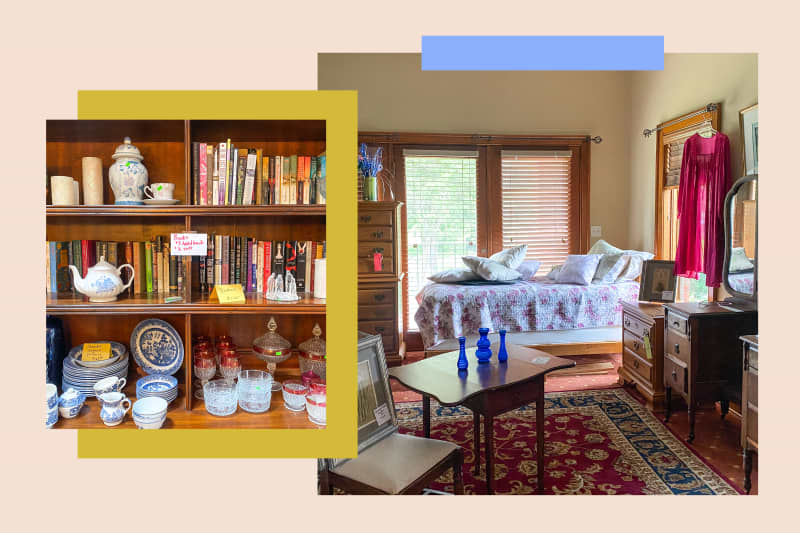 graphic collage showing a photo of a bookshelf and a photo of a bedroom from an estate sale the writer attended