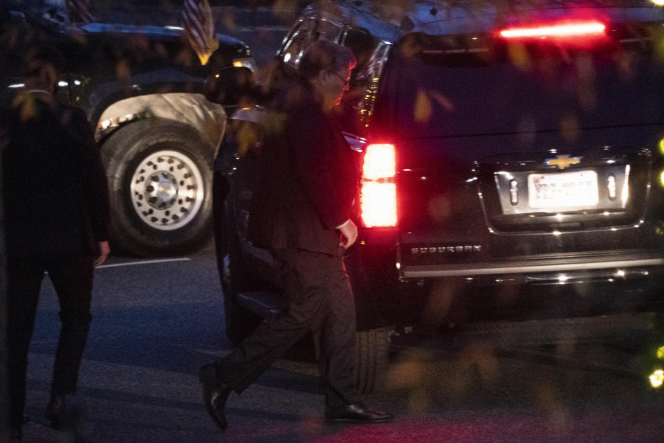 Attorney General William Barr leaves a meeting at the White House, Tuesday, Dec. 1, 2020, in Washington. (AP Photo/Evan Vucci)