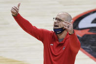 Connecticut coach Dan Hurley calls out to the team during the first half of an NCAA college basketball game against Southern California, Thursday, Dec. 3, 2020, in Uncasville, Conn. (AP Photo/Jessica Hill)