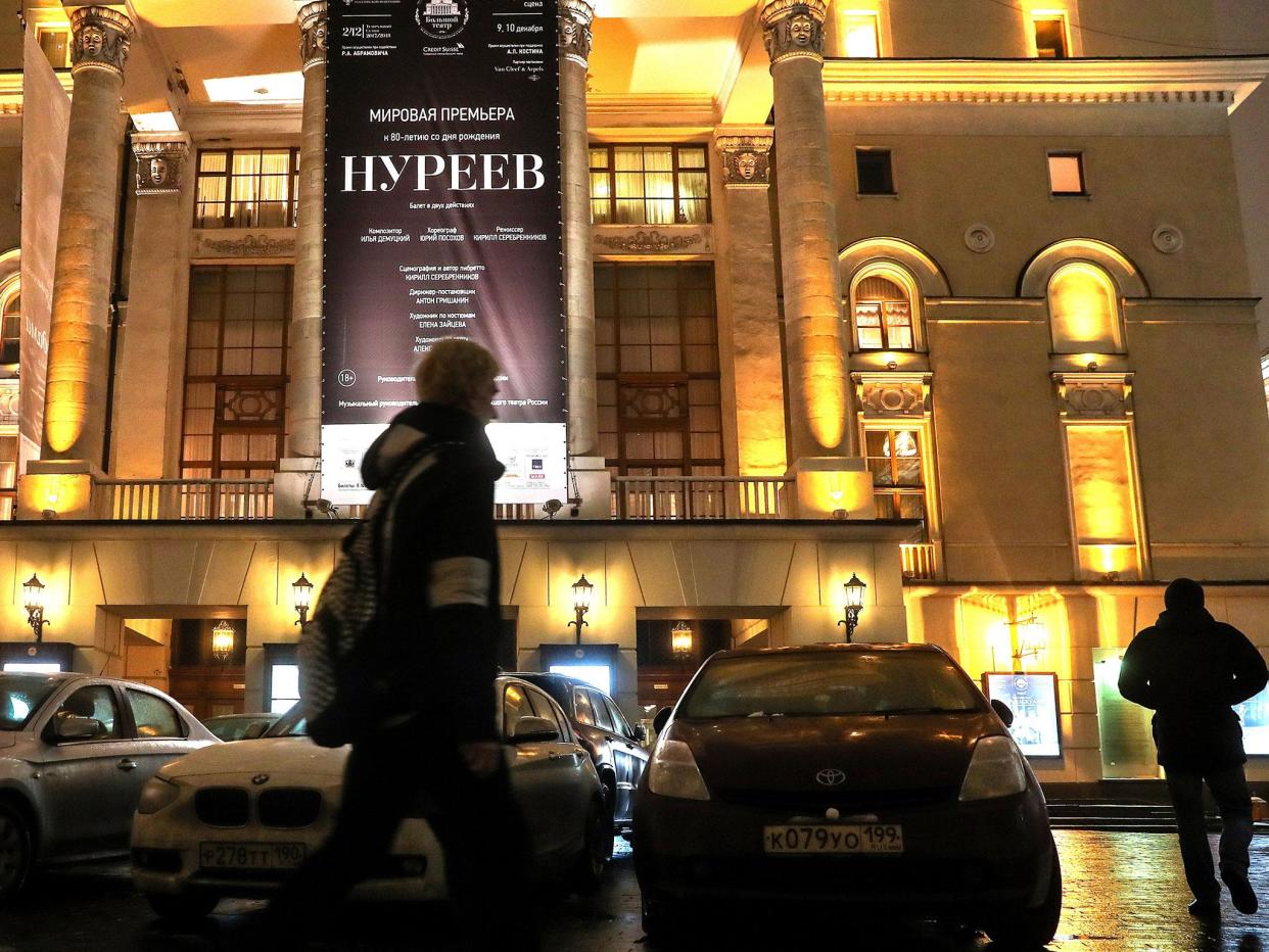 A poster promoting director Kirill Serebrennikov's ‘Nureyev’ ballet is seen outside the Bolshoi Theatre on Saturday: Tass/Getty