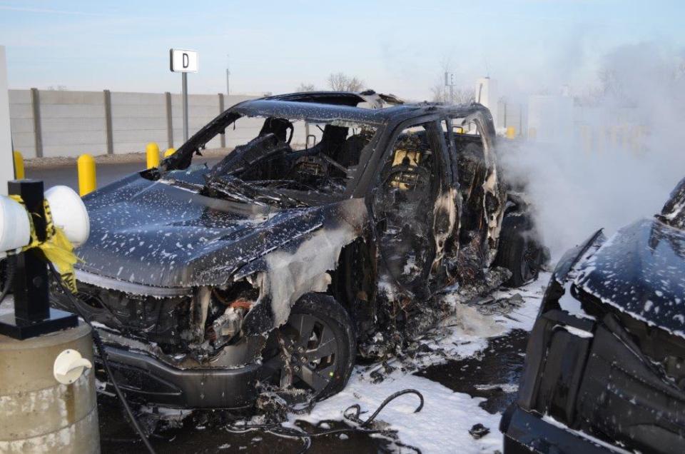 An electric Ford F-150 Lightning caught fire on Feb. 4 because of a battery issue traced to one of the automaker’s suppliers. The blaze spread to three electric pickups in a Ford holding lot in Dearborn, Mich. (Dearborn Police Dept)