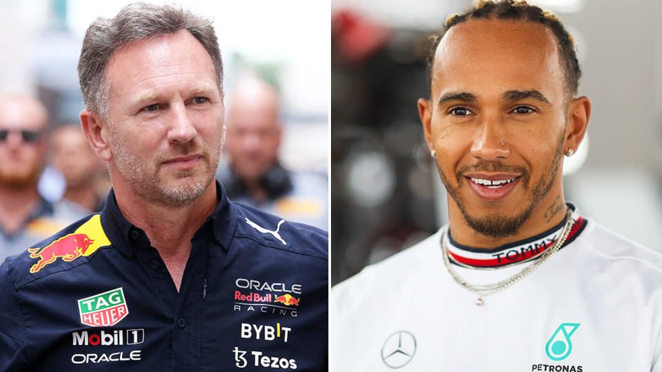 Pictured left to right, Red Bull team boss Christian Horner and Mercedes F1 driver Lewis Hamilton.