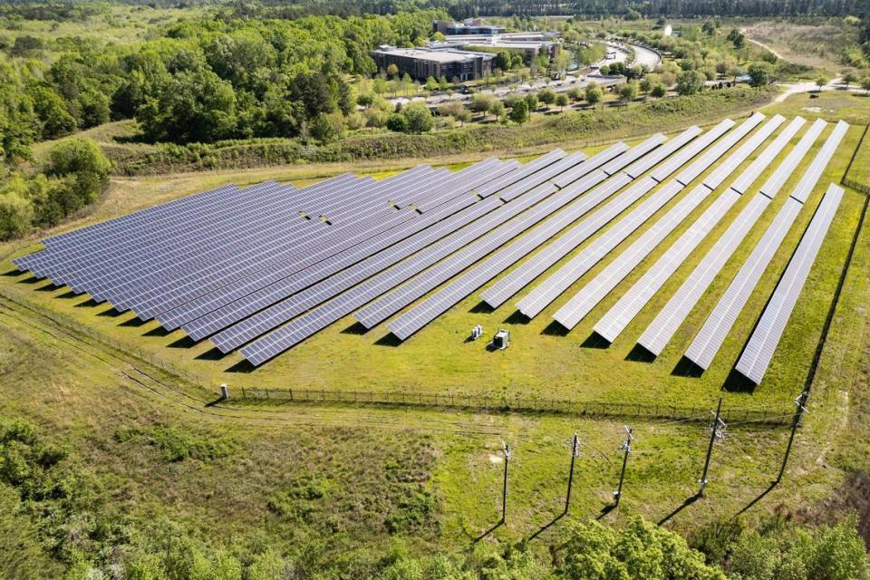 A solar farm off Saxe Gotha Road in Cayce, South Carolina on Friday, April 12, 2024.
